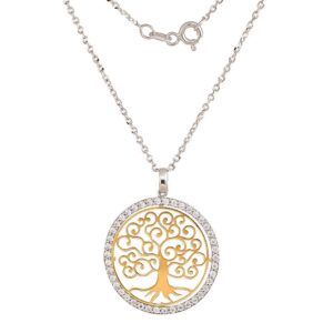 Collana Albero della Vita in Oro Bianco e Giallo 18 Kt e Cubic Bianca